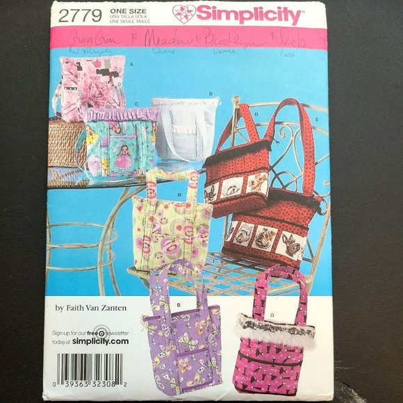 Simplicity Other - Simplicity 2779 Girls' Tote Bag Purse Gym Bag in 2 Sizes UNCUT Sewing Pattern